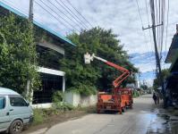 เทศกิจแม่สอด ออกนำวางแผงกั้น กรณีการไฟฟ้าอำเภอแม่สอดทำการตัดกิ่งไม้พาดแนวสายไฟฟ้าใกล้ป่าช้าจีน ชุมชนสักทอง