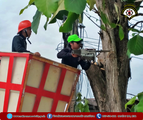 ดับเพลิงนครแม่สอด ดำเนินการตัดแต่งกิ่งไม้พาดผ่านสายไฟฟ้า บริเวณใกล้เคียง F4 Hotel