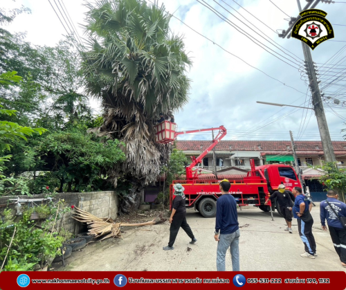 ดับเพลิงนครแม่สอด ออกดำเนินการตัดต้นไม้ เนื่องจากพาดผ่านสายไฟฟ้า บริเวณหมู่บ้านตาลเดี่ยว วิลล่า