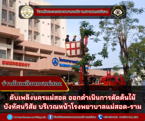 ดับเพลิงนครแม่สอด ออกดำเนินการตัดต้นไม้ บังทัศนวิสัย บริเวณหน้าโรงพยาบาลแม่สอด-ราม