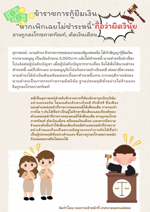 ข้าราชการกู้ยืมเงิน \"หากเพิกเฉยไม่ชำระหนี้\" ถือว่าผิดวินัย!!! อาจถูกลงโทษภาคทัณฑ์,ตัดเงินเดือน