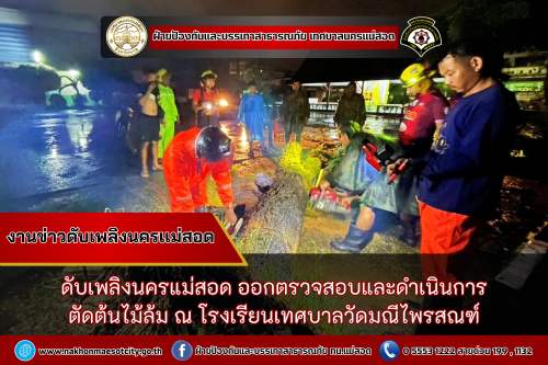 ดับเพลิงนครแม่สอด ออกตรวจสอบและดำเนินการตัดต้นไม้ล้ม ณ โรงเรียนเทศบาลวัดมณีไพรสณฑ์