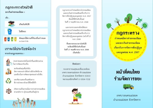 แผ่นพับ ประชาสัมพันธ์กฎกระทรวงกำหนดอัตราค่าธรรมเนียมและยกเว้นค่าธรรมเนียม เกี่ยวกับการจัดการสิ่งปฏิกูลและมูลฝอย พ.ศ. 2567