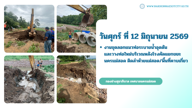 งานขุดลอกแนวท่อระบายน้ำอุดตันและวางท่อใหม่ บริเวณหลังโรงคัดแยกขยะนครแม่สอด ติดลำห้วยแม่สอด/พื้นที่คาบเกี่ยว