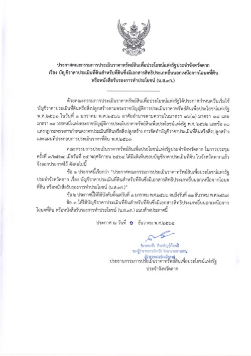 ประกาศเทศบาลนครแม่สอด เรื่อง ประกวดราคาประเมินทุนทรัพย์ของที่ดินและสิ่งปลูกสร้าง (ภ.ด.ส.1) ราคาประเมินทุนทรัพย์ห้องชุด (ภ.ด.ส.2) อัตราภาษีที่จัดเก็บ และรายละเอียดที่เกี่ยวข้องกับการจัดเก็บภาษีที่ดินและสิ่งปลูกสร้าง ประจำปี พ.ศ.2568